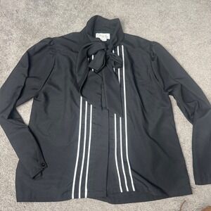 Vintage Shapely Women's 14 Black Button Up Blouse Neck Bow 100% Polyester